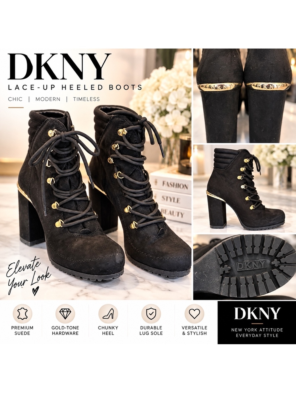 DKNY Black Suede Lace-Up Ankle Boots with Block Heels